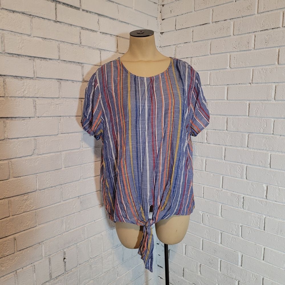 NWT Tea Rose Women's Striped Short Sleeve Knot Front Top Size Large